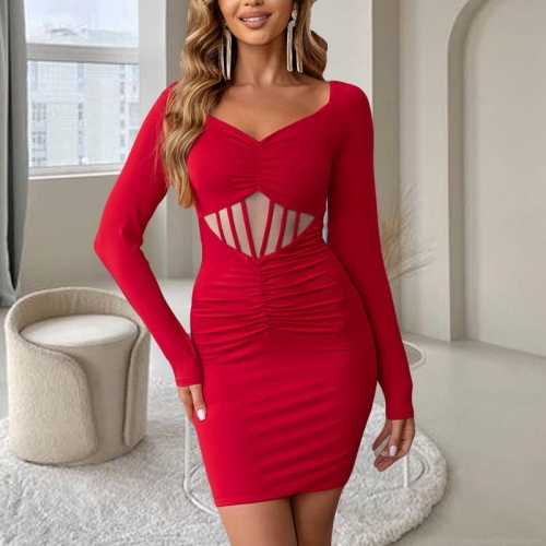 Elegant Red V Neck Long Sleeve Bodycon Mini Dress For Women Ruched Cut Out Waist Mesh Patchwork Sexy Party Clubwear Dress