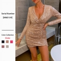 Women's Sexy Sequin Mini Dress Deep V Neck Long Sleeve Bodycon Ruched Party Evening Dress Shiny Glitter Cocktail Clubwear Dress
