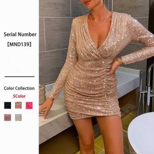 Women's Sexy Sequin Mini Dress Deep V Neck Long Sleeve Bodycon Ruched Party Evening Dress Shiny Glitter Cocktail Clubwear Dress