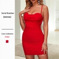 Women Sexy Mesh Ruched Mini Bodycon Dress Spaghetti Strap Wave Neck Back Zipper Slim Fit Sleeveless Solid Red Evening Party Clubwear Dress