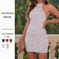 Sexy Women Sequin Polyester Halter Mini Dress Backless Slim Fit Bodycon Party Evening Cocktail Clubwear Dress