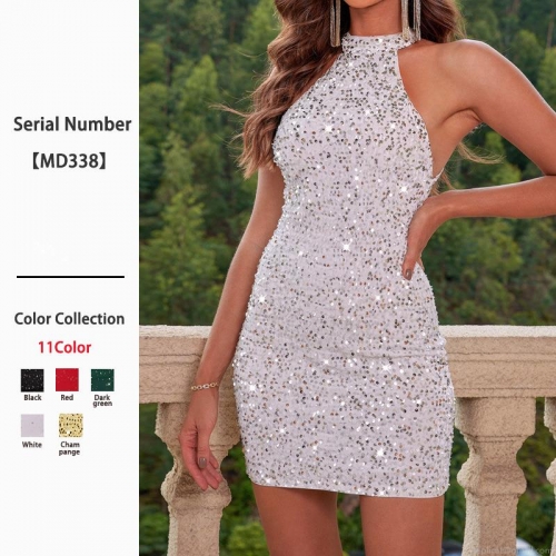 Sexy Women Sequin Polyester Halter Mini Dress Backless Slim Fit Bodycon Party Evening Cocktail Clubwear Dress