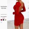 Women Sexy Backless Mini Dress Long Sleeve Square Neck Ruched Bodycon Dress With Criss Cross Straps Slim Fit Polyester Knitted Party Club Nightwear