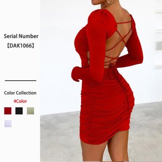 Women Sexy Backless Mini Dress Long Sleeve Square Neck Ruched Bodycon Dress With Criss Cross Straps Slim Fit Polyester Knitted Party Club Nightwear