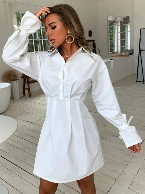Women's Sexy V-Neck Long Sleeve Shirt Dress Elegant Waist-Cinching Mini Dress With Bow Tie Cuffs Solid Color Button-Down A-Line Dress For Party