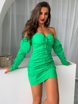Sexy Ruched Off Shoulder Mini Dress Set For Women Long Sleeve Drawstring Bodycon Party Clubwear Solid Color Fluorescent Green Polyester Outfits