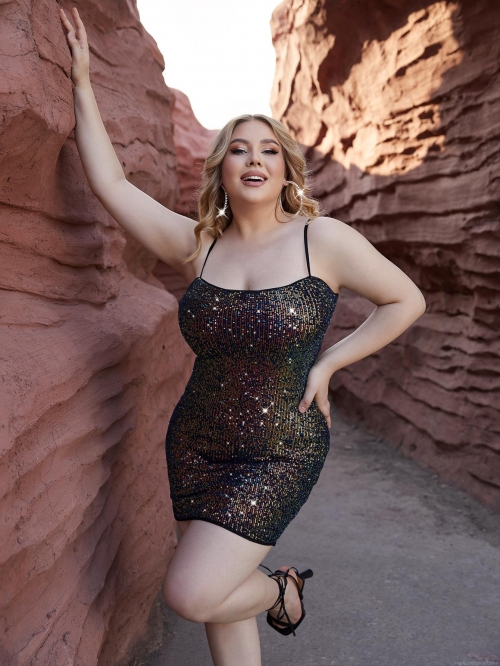 Women's Plus Size Sexy Colorful Sequined Mini Dress Sleeveless Spaghetti Strap Bodycon Party Night Clubwear Cocktail Dress For Curvy Women