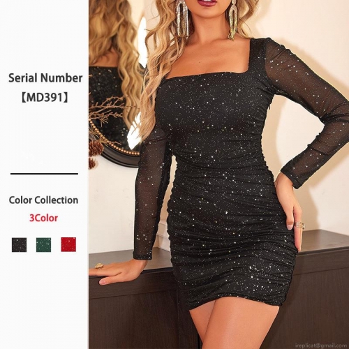 Women's Sexy Square Collar Long Sleeve Mini Dress Sparkling Glitter Mesh Ruched Bodycon Party Club Night Out Tight Dress For Ladies