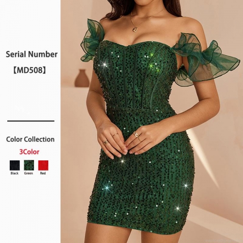 Women's Sexy Off-Shoulder Sequined Bodycon Mini Dress With Mesh Ruffle Sleeves Shiny Nightclub Party Evening Dress For Women