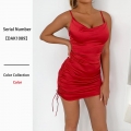 Women Sexy Red Satin Spaghetti Strap Mini Dress Ruched Cowl Neck Backless Bodycon Party Evening Dress Sleeveless Summer Drawstring Cocktail Dress