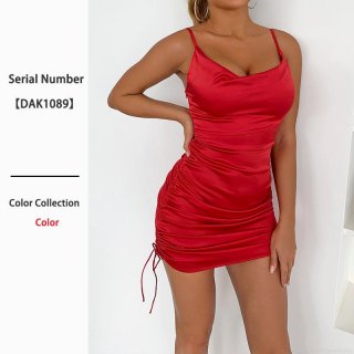 Women Sexy Red Satin Spaghetti Strap Mini Dress Ruched Cowl Neck Backless Bodycon Party Evening Dress Sleeveless Summer Drawstring Cocktail Dress