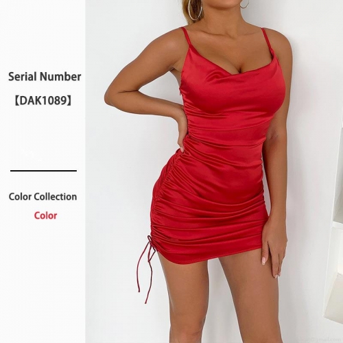 Women Sexy Red Satin Spaghetti Strap Mini Dress Ruched Cowl Neck Backless Bodycon Party Evening Dress Sleeveless Summer Drawstring Cocktail Dress