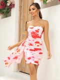 Women's Sexy Floral Print Bandeau Mini Dress Slim Fit Ruched Bodycon Backless Summer Beach Vacation Dress With Streamer