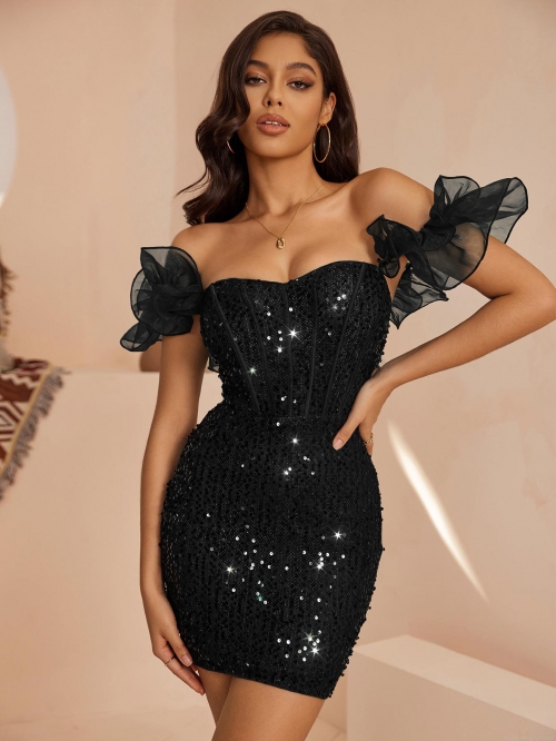 Women's Sexy Off-Shoulder Sequin Bodycon Mini Dress Elegant Ruffle Sleeve Evening Party Cocktail Dress Slim Fit Glitter Gown for Lady