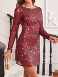 Women Sexy Backless Sequined Mini Dress Elegant Round Neck Long Sleeve Slim Fit Bodycon Evening Party Club Celebrity Style Dress