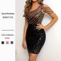 Sexy One Shoulder Sequin Mini Dress Polyester Spandex With Bead Chain Tassels Rainbow Striped Party Evening Bodycon Gown For Women