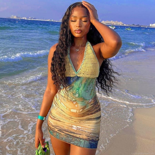 Women Sexy Halter Neck Mini Dress Crochet Knit Splicing Abstract Landscape Print Bodycon Backless Sundress For Beach Vacation Summer Party