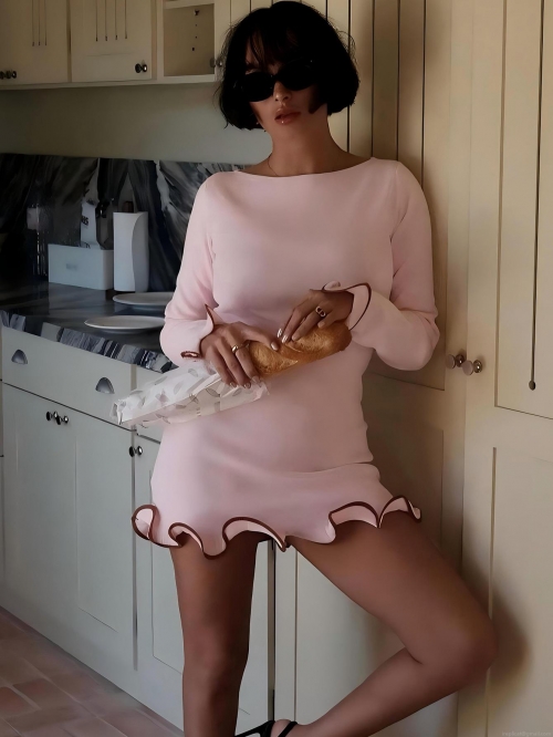 Sexy Slim Fit Ruffle Hem Mini Dress Polyester Spandex Long Sleeve Round Neck Contrast Binding Bodycon Party Dress For Women