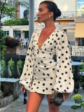 Women's Sexy Deep V-Neck Polka Dot Mini Dress Elegant Long Flare Sleeve Bodycon Dress Polyester Spandex Slim Fit Short Dress For Club Party Vacation