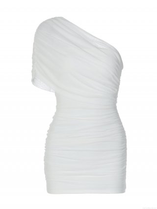 Women's Sexy One Shoulder Ruched Mesh Bodycon Mini Dress Solid Color Sleeveless Polyester Spandex Tight Party Clubwear Short Dress