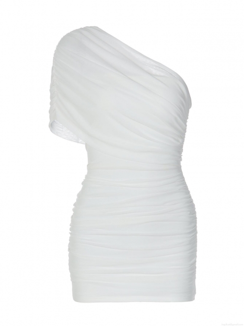 Women's Sexy One Shoulder Ruched Mesh Bodycon Mini Dress Solid Color Sleeveless Polyester Spandex Tight Party Clubwear Short Dress