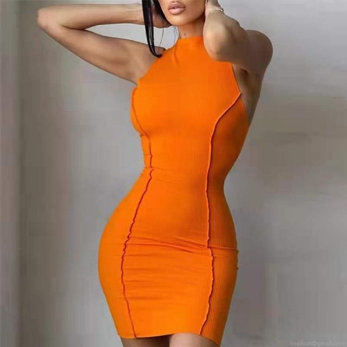 Women's Summer Sleeveless Bodycon Mini Dress 95% Polyester 5% Spandex Ribbed Knit Exposed Seams Sexy Slim Fit Crew Neck Casual Tank Dress For Women
