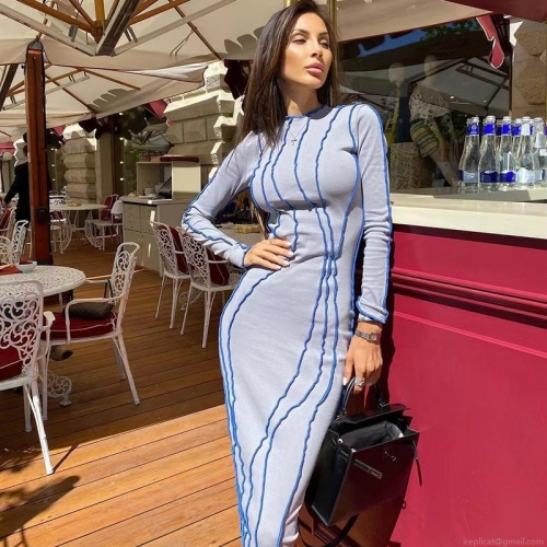 Sexy Long Sleeve Bodycon Ribbed Dress Women Contrast Seam Crew Neck Skinny Maxi Dress Night Out Party Wear Y2K Streetwear Outfits