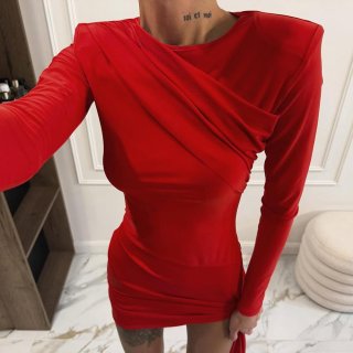 Women's Sexy Red Bodycon Mini Dress Elegant Long Sleeve Ruched Milk Silk Tight Evening Party Dress For Women Solid Color Clubwear With Sash