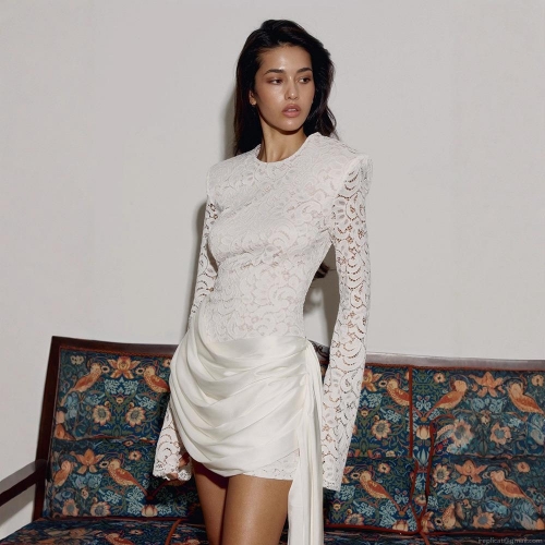 Elegant Women's Lace Patchwork Backless Bodycon Dress Long Sleeve High Waist Ruched Satin Mini Dress With Streamer For Party Banquet Clubwear Sexy Solid Color Short Dress