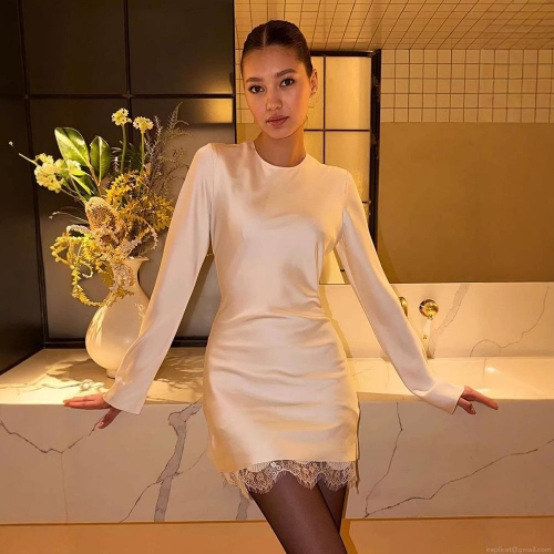 Women Sexy Bodycon Mini Dress Sateen Patchwork Lace Hem Long Sleeve Round Neck Back Invisible Zipper Slim Fit Short Dress For Party Banquet Club Cocktail Night Out