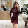 Women's Sexy Satin Bodycon Mini Dress Long Sleeve Lace Trim Hem Slim Fit Wine Red Black Evening Party Clubwear Dress