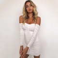 Sexy Off Shoulder Ruched Bodycon Mini Dress For Women Long Sleeve Strapless Pleated Slim Fit Cotton Blend Party Night Club Summer Streetwear Dress