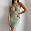 Women Sexy Halter Neck Bodycon Mini Dress Ruched Keyhole Backless Summer Nightclub Party Dress Slim Fit Clubwear Solid Color Polyester Dress