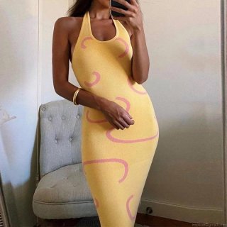 Women's Sexy Halter Neck Knit Dress Abstract Moon Pattern Backless Bodycon Midi Dresses For Summer Vacation Party Beachwear Bohemian Style
