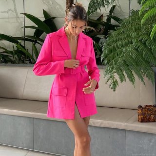 Sexy Long Sleeve Blazer Dress With Belt Pockets Solid Color Lapel V Neck Slim Fit Mini Dress Jacket For Women Office Party Streetwear Autumn Fashion