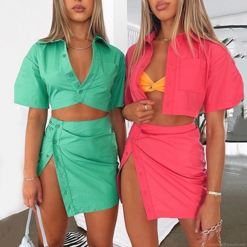 Sexy Women's Two Piece Fake Skirt Set Short Sleeve Lapel Button Up Crop Top And High Slit Mini Skirt Set Solid Color Streetwear Clubwear Party Outfits