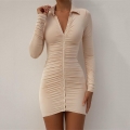 Women Sexy Ruched Button Front Mini Dress Long Sleeve Bodycon Polyester Shirt Collar Solid Color Slim Fit Short Dress For Nightclub Party Streetwear