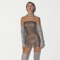 Sexy Rhinestone Mesh See Through Mini Dress With Sleeves Long Sleeve Bodycon One Shoulder Party Nightclub Clubwear For Women Sparkly Glitter Outfit