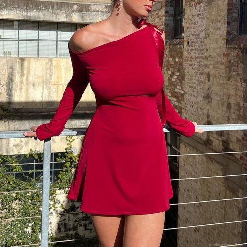 Women Sexy One Shoulder Long Sleeve Mini Dress With Bow Tie High Waist Bodycon Short Dress Elegant Party Cocktail Clubwear Nightout Evening Dress