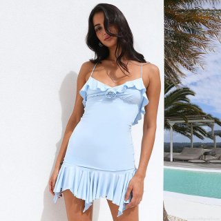 Sexy V-Neck Ruffle Mini Dress Women Sleeveless 3D Rose Backless Bodycon Dress Summer Vacation Party Club Outfits Solid Color Irregular Hem Slip Dress