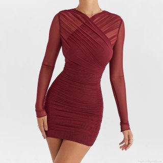 Women's Sexy Ruched Mesh Bodycon Dress Long Sleeve V-Neck See-Through Party Mini Dress Elegant Slim Fit Clubwear 95% Polyester 5% Spandex Patchwork Evening Dress