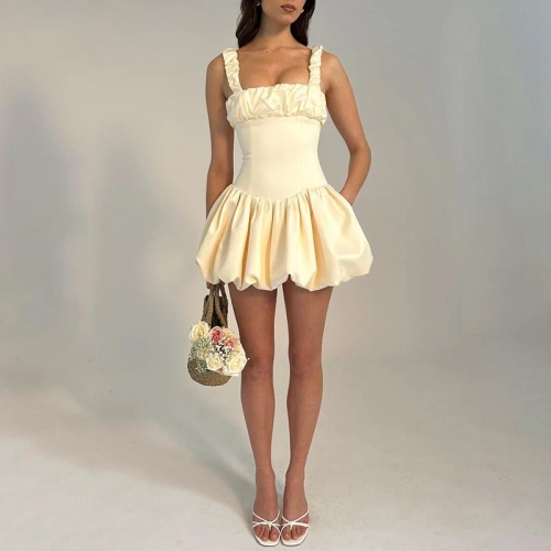 Women's Sexy Square Neck Backless Mini Dress Polyester Tricotine Matte Satin Patchwork Splicing Ruffled Strap Bubble Hem Short Party Clubwear Dresses