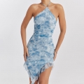 Women's Sexy Blue Tie-Dye Halter Backless Dress Ruffle Asymmetrical Hem Mini Ruched Mesh Dress For Summer Vacation Party