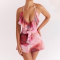 Women Sexy Floral Print Halter Backless Mini Dress Mesh Milk Silk Ruffle Trim Bodycon Dress for Summer Beach Party Streetwear