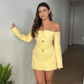 Sexy Women Off Shoulder Long Sleeve Blazer Dress Backless Bodycon Mini Dress With Buttons Pockets For Party Streetwear Night Out