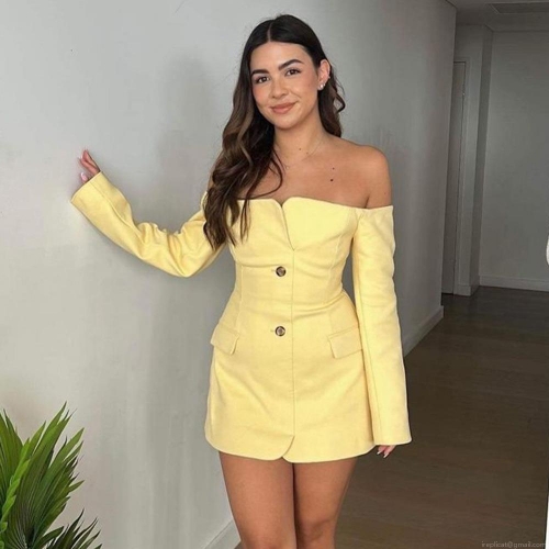 Sexy Women Off Shoulder Long Sleeve Blazer Dress Backless Bodycon Mini Dress With Buttons Pockets For Party Streetwear Night Out