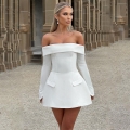 Women Elegant Off Shoulder Long Sleeve Mini Dress Polyester Fleece Backless Slim Fit Trumpet Sleeve A-Line Short Dress For Party Club Night Out Sexy Streetwear