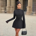 Women's Sexy Backless High Neck Long Sleeve Mini Dress Structured Polyester Blend A-Line Slim Fit Short Party Dress