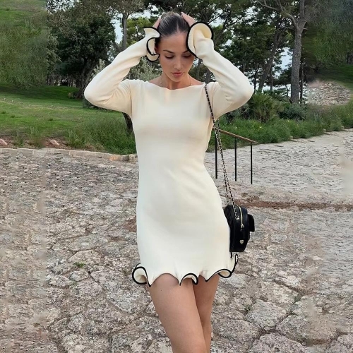 Women's Sexy Long Sleeve Knit Mini Dress Contrast Wavy Ruffle Edge Trim Bodycon Knitted Polyester Dress For Streetwear Party Daily Wear
