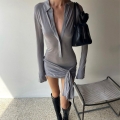 Women's Sexy Ruched Mini Dress Long Sleeve Lapel V-Neck Tie Waist Bodycon Club Party Streetwear Milk Silk Polyester Spandex Solid Color Dress